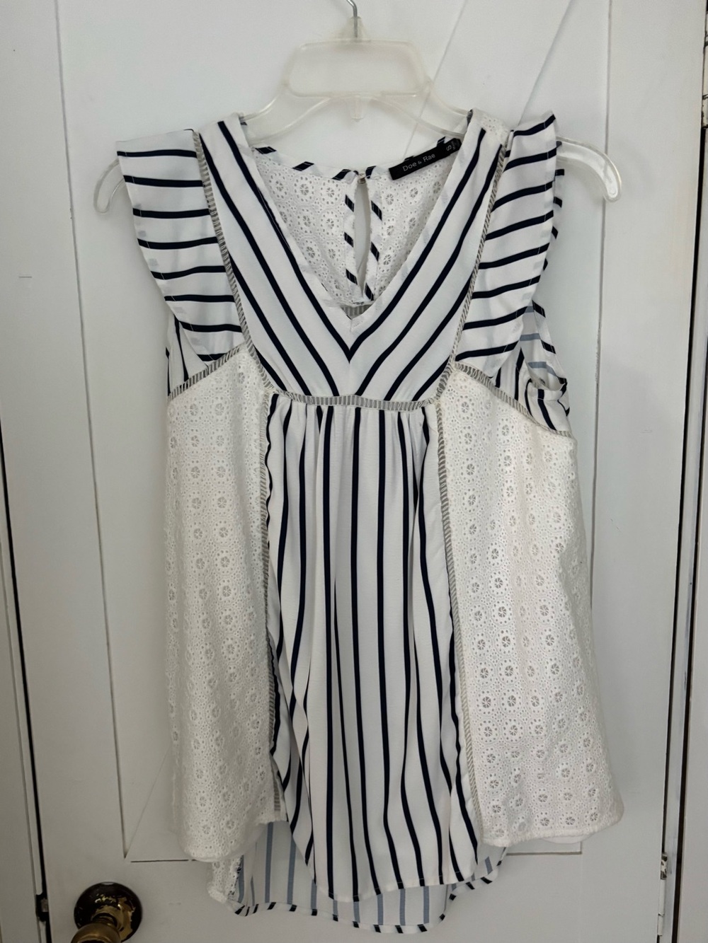 Doe & Rae S Navy White Striped Eyelet Lace Blouse